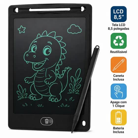 Lousa Mágica LCD Infantil 8,5" Tablet de Escrita Digital Reutilizável com Caneta e Bateria | apaga com 1 click