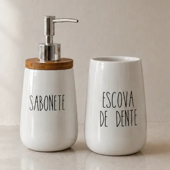 Kit Banheiro Cerâmica Branco Dispenser Sabonete e Escova de Dente Pote Banheiro Tampa de bambu 2 Pçs