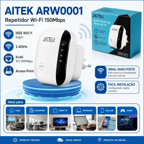 Repetidor WiFi AITEK 150Mbps Amplificador Sinal Wireless 2.4GHz RJ45 AP