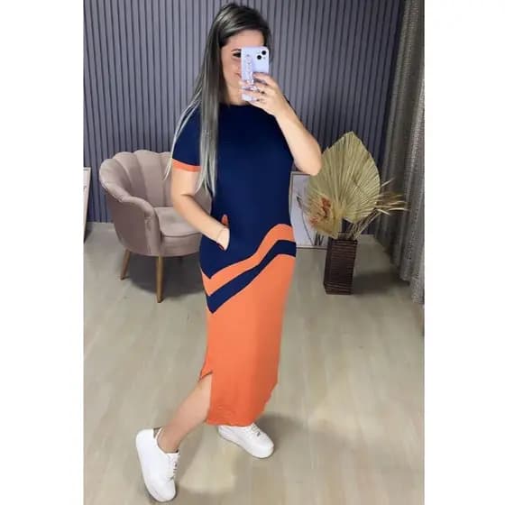 Vestido Midi Casual Manga Curta com Bolso