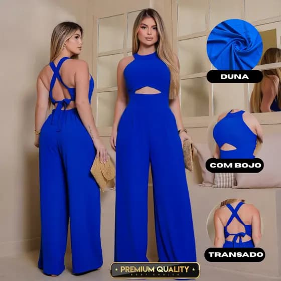 Macacão Slim com Bolso Estilo Pantalona com Alças regulaveis com decote Na Barriga