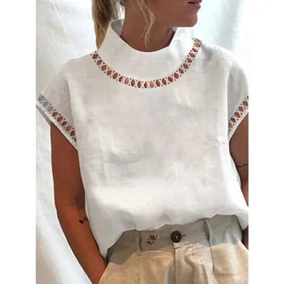 Blusas Elegantes Femininas Vintage E Camisas 2025 Verão Sólido Branco Linho Algodão Blusa Branca Casual Chique Oco Gola