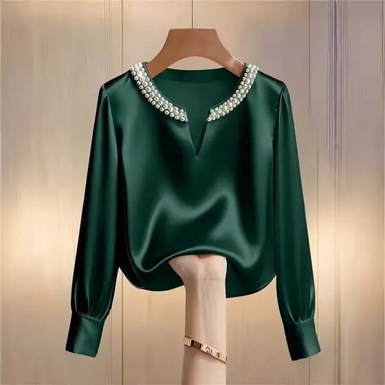 2026 Nova Blusa Feminina Elegante Verde Vintage Camisa De Cetim Blusas E Camisas De Seda Viajar Outono O-Pescoço Mangas