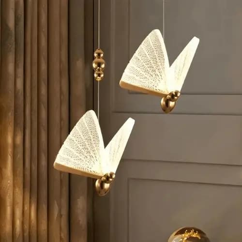 Lustre Pendente Borboleta LED Cristal Dourado Moderno 3 Tons de Luz 2m