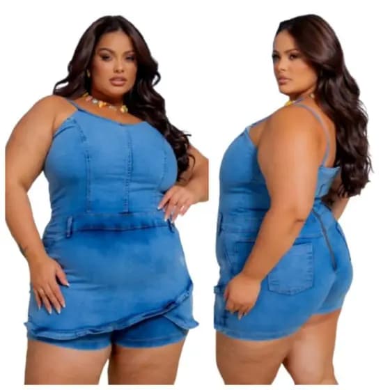 Jardinheira Short Saia Jeans Feminino Plus Size Cintura Alta Laycra