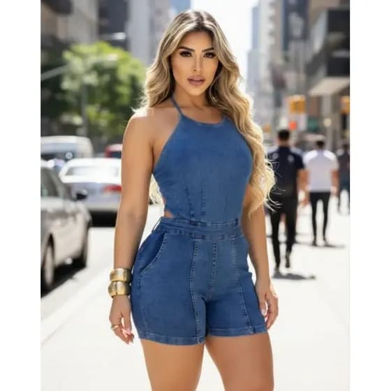 Macacão Short Jeans Feminino Regato Laycra Moda Jovem Lux
