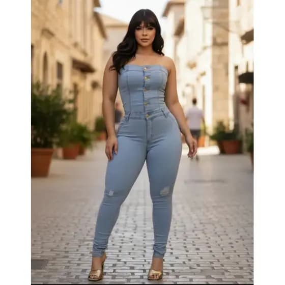 Macacão Tomara que Caia Jeans Feminino Botão Frontal Laycra