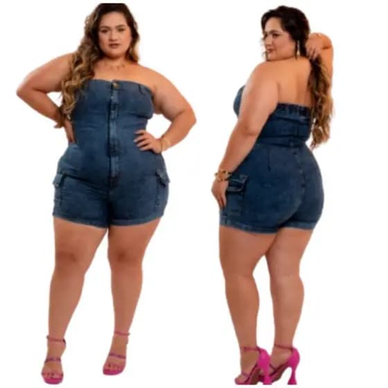 Macaçăo Short Básico Jeans Feminino Plus Size Luxo