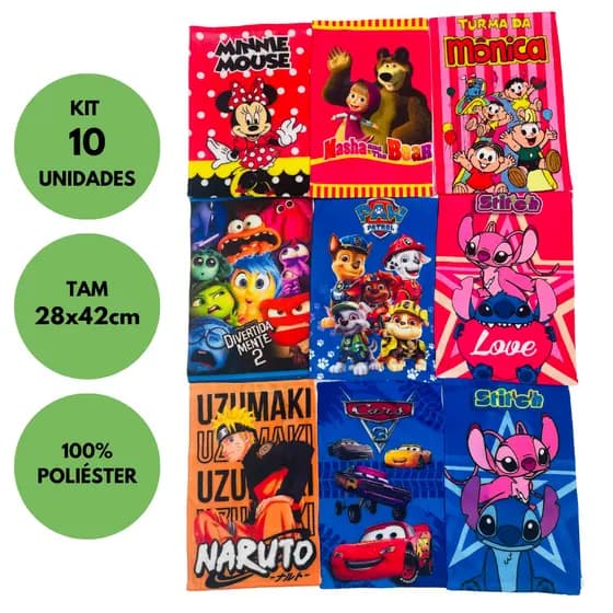 10 Toalhas Lavabo Infantil Estampas Sortidas 28x42cm Ideal para Escola