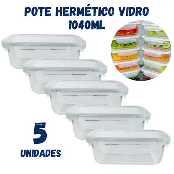 Kit 5 Potes Hermético 1040ml Vidro Tampa 4 Travas Pote Marmita Grande
