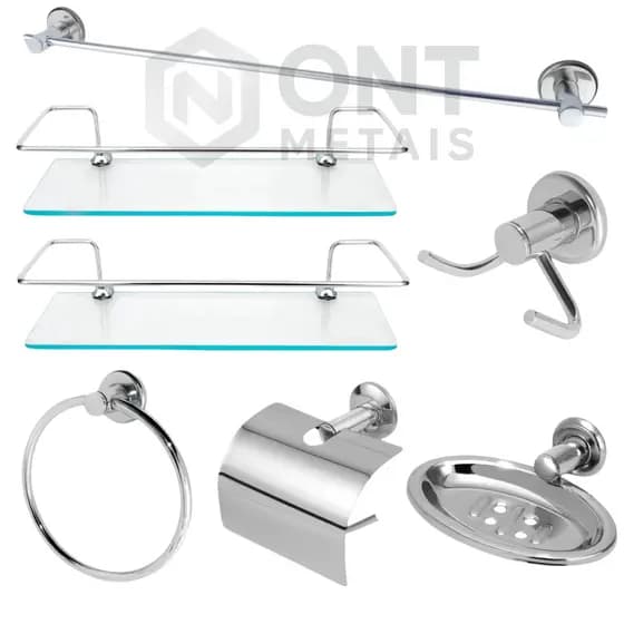 Kit Acessórios Para Banheiro Aço Inox 5 Peças + 2 Porta Shampoo Vidro Reto