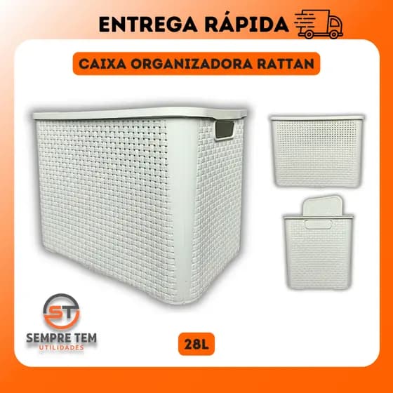 Caixa Organizadora Rattan 28 Litros Cesto Com Tampa Escritorio Brinquedo Roupa Rosa Azul Branco 28L