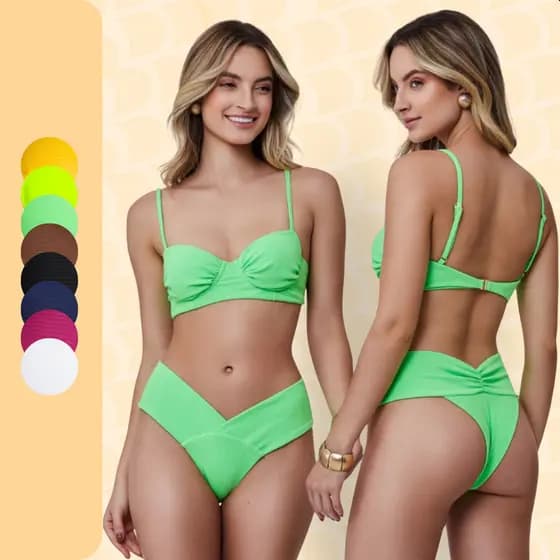 Biquini Meia Taça Drapeado Canelado em Poliamida com Calcinha Cós Cruzado Feminino Moda Verão Praia