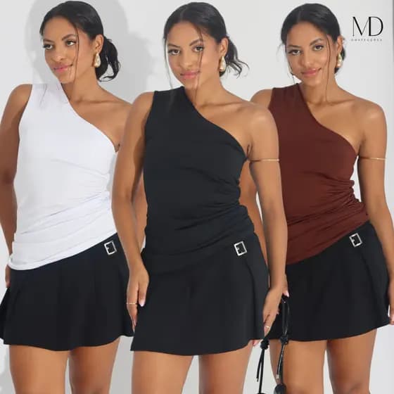 Kit 3 Blusa Feminina Elegante Mula Manca Assimétrica Casual Ombro Ùnico Com Franzido