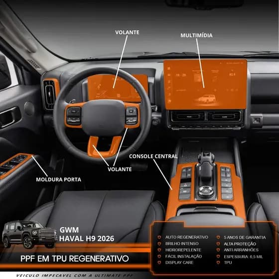 Película PPF Proteção Kit Interior Completo GWM Haval H9 2026 Transparente TPU Premium Anti Risco
