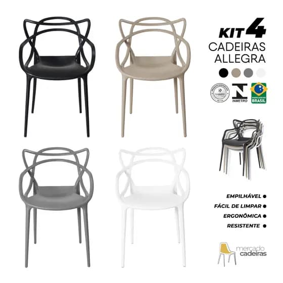 Kit 4 Cadeiras Allegra Empilhável Resistente Ergonômica Sala Cozinha Jantar Estar - Mercado Cadeiras