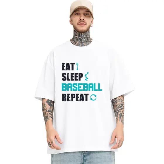 Camiseta Oversized 48 - Eat Sleep Baseball Repeat Beisebol Esporte Unissex Estampada