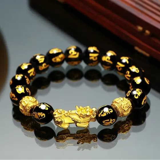 Feng Shui Ouro Preto Contas Obsidianas Pixiu Pulseira Riqueza Boa Sorte Jóias Presente