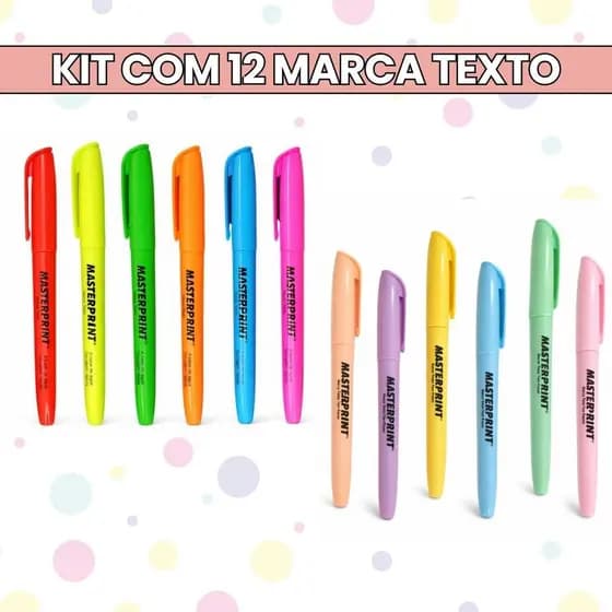 Kit 12 Marca Texto Caneta Marca Textos Masterprint 6 Pastel 6 Neon Volta As Aulas