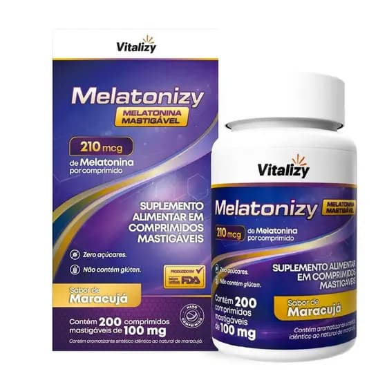 Melatonina 200 Comprimidos Mastigável 210mcg Sabor Maracujá Zero Açúcar Vitalizy