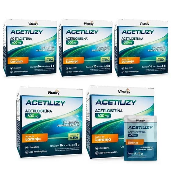 Kit 5x16 Sachês NAC 600mg N-Acetilcisteína Sabor Laranja Alta Concentração Vitalizy Original