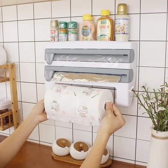 Dispenser 4 em 1 Cortador Papel Filme Aluminio Porta Papel Toalha Tempero Multiuso Organizador de Cozinha