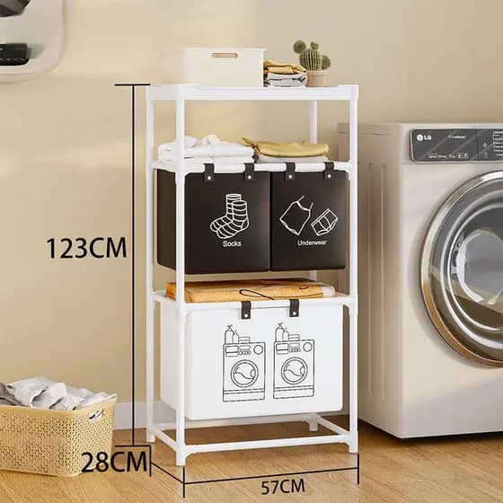 Grande Cesto de Roupa Suja de Aço Dobrável Armazenamento e Organizador Dupla Camada 4 divisórias para lavanderia