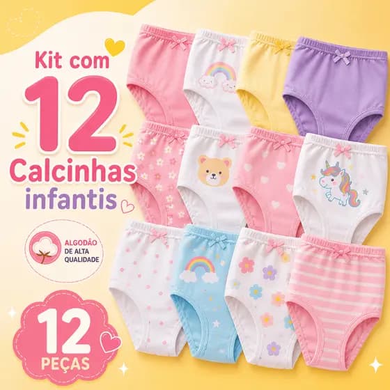 Kit 12 Calcinhas Infantil 100% Algodão Premium Menina 2 a 12 Anos Costura Tripla