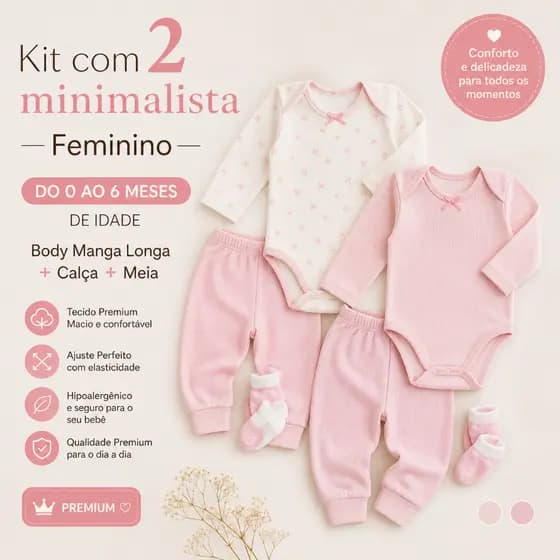 Kit com 2 minimalista Feminino do 0 ao 6 Meses de idade | Body Manga Longa + Calça + Meia | Premium