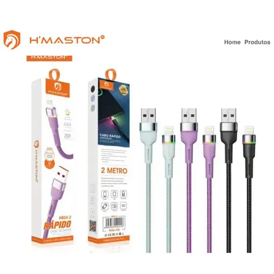 Cabo iPhone Lightning H'maston 2 Metros Turbo 4.8A Cabo de Dados Rápido Reforçado Com Led Para Celular iPad HB04-2