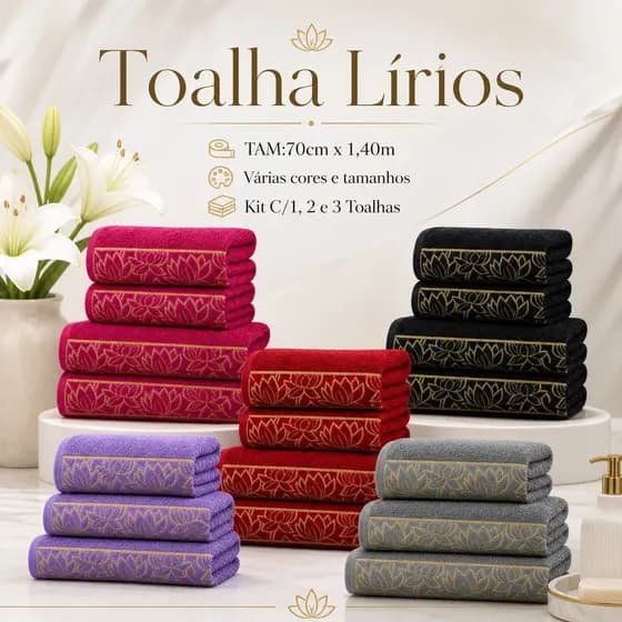 Jogo Toalha de Banho Lírios 1 , 2 e 3 Peças 100% Algodão Grossa Felpuda Super Macia Excelente Absorção Premier Habitat