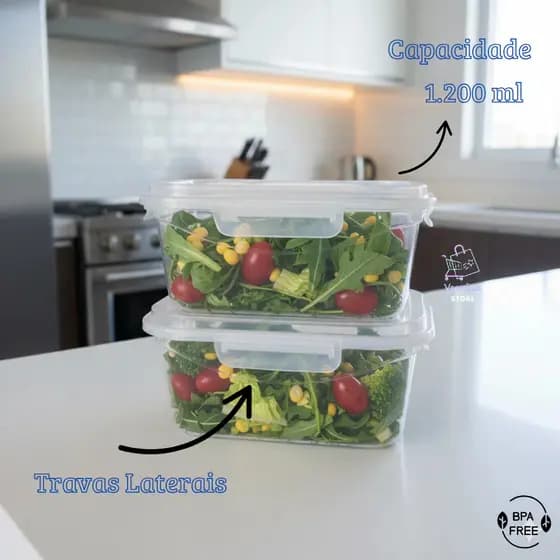 Kit Potes Plásticos 1.200 litros Com Trava Lateral BPA Free Ideal Marmita Salada Fitness Hermético
