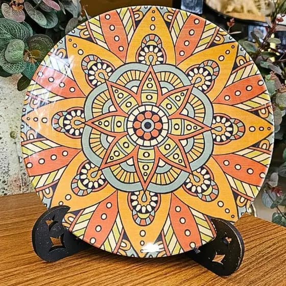 Prato Decorativo com Suporte Mandala 26cm Decoração Mesa Sala