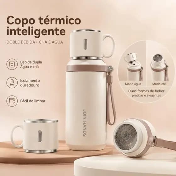 Garrafa Térmica de Aço Inox 600ml com Filtro de Chá Alça Portátil e Copo Integrado CP-11