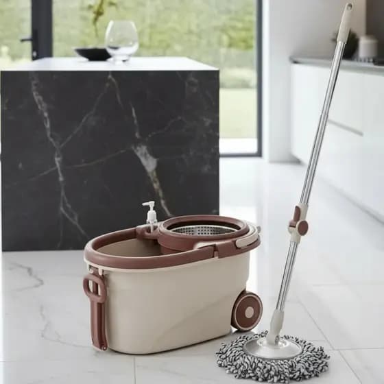 Mop Esfregão Giratorio Com Rodinha Balde 14 Litros Marrom + 2 REFIL