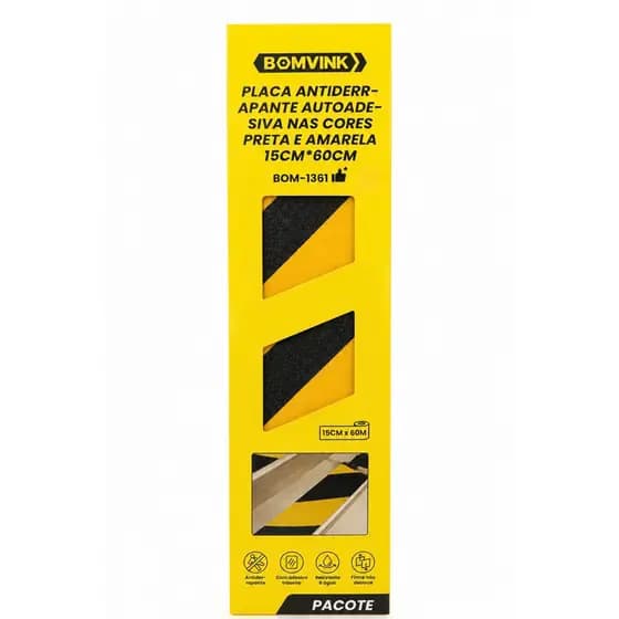 Placa Antiderrapante Autoadesiva 15x60cm Preta e Amarela | Fita Antiderrapante para Escadas, Rampas e Pisos