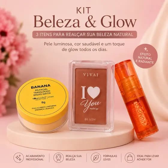 Kit Maquiagem Feminina 3 Itens | Blush, Pó Banana e Lip Gloss Plumper