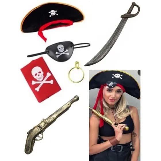 Kit 6 Pirata De Acessorio Chapéu+Tapa Olho+Bandada+Argola+Garruacha+Espada Fantasia do Caribe Festa Carnaval Halloween