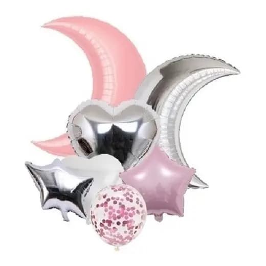 Kit Balão Metalizado Lua 70cm Coração Estrela Bexiga Festa