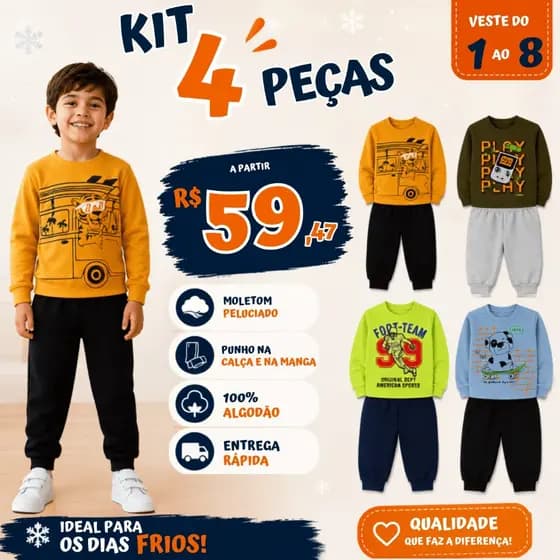 Kit 4 Peças Conjunto Moletom Infantil Masculino Inverno 2 Casacos + 2 Calças Menino