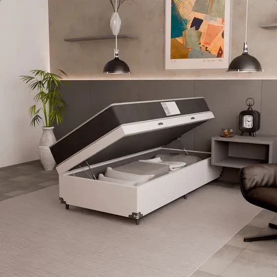 Cama Box Baú Solteiro + Colchão D33 One Face - Couro Branco