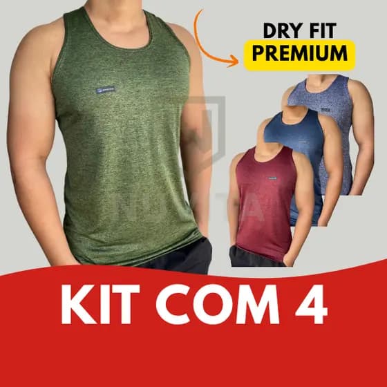 KIT 4 Camisetas Dry Fit Regata Masculina Slim Camisa Esportiva Sem Manga Academia Treino Blusa Malha Fria