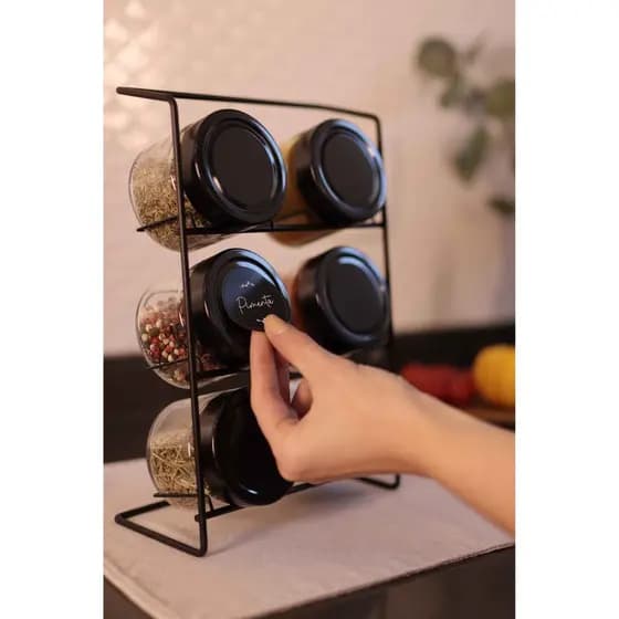 Suporte Porta Temperos Pote Redondo com Suporte Condimentos / Chá de Bancada 6 Potes Vidro