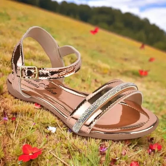 Sandália Infantil Rasteira Casual Fivela Gáspea Tira Strass Brilho Confortável Moda
