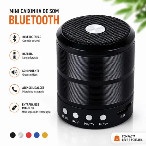 Caixa de Som Bluetooth Portátil Com USB, Micro SD e Rádio FM