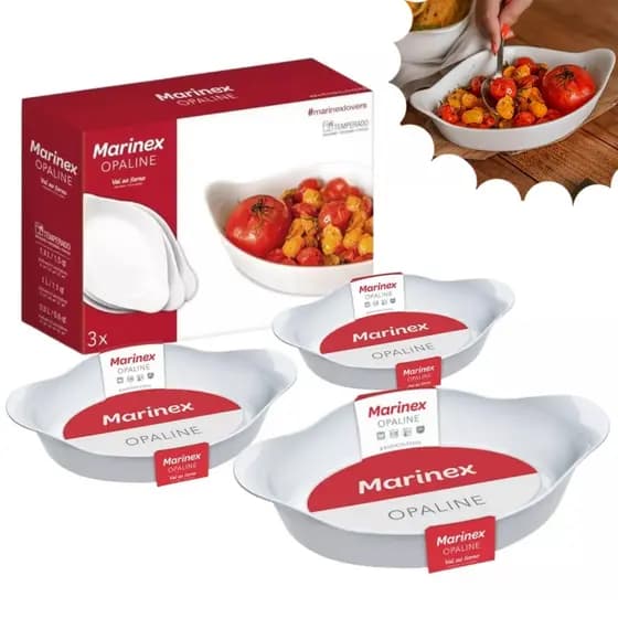 Conjunto marinex 3 Assadeira Formas Opaline Oval Vidro Branco PMG