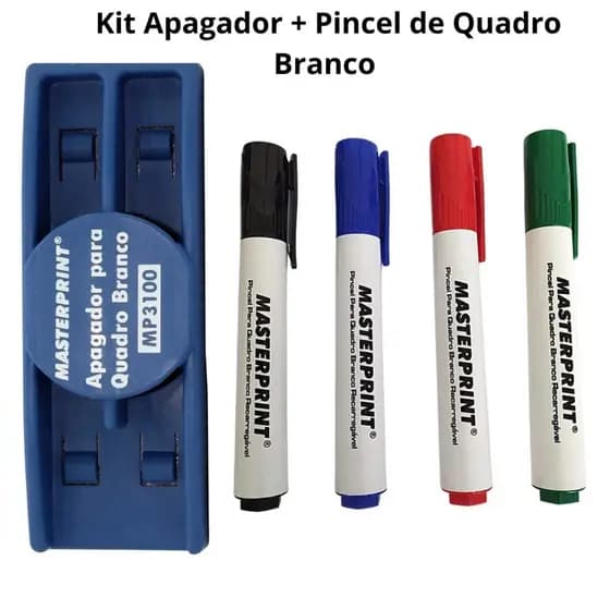 Kit Pincel Para Quadro Branco Recarregável 2 Cores Diversas e Apagador Quadro Branco Masterprint