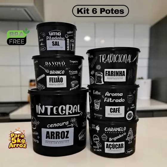 Kit 6 Potes Porta Mantimentos Organizadores Pretos para Cozinha