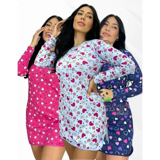 Kit 3 Camisola Confortável Cava Lateral Microfibra Manga Longa Comprida Quentinha Estampada Noite