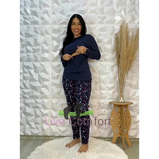 Pijama Amamentação Abertura Frente Pratico Inverno Manga Comprida Estampado Colorido Moda Noite
